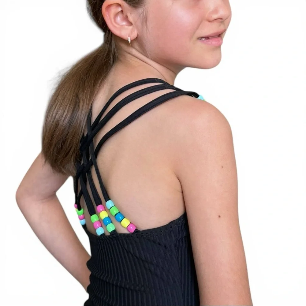 Beach Lingo Swimwear Girls One Piece Black Ribbed Strappy Back Size 7